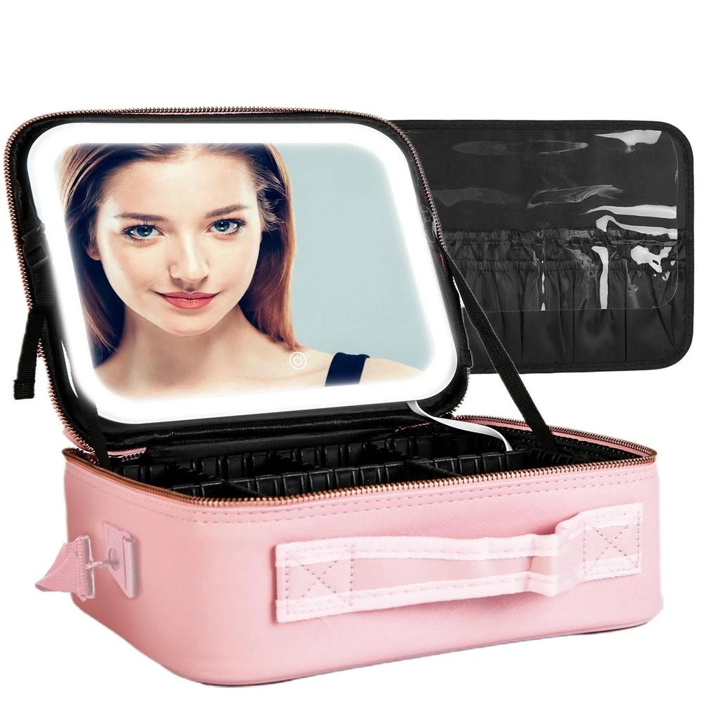 ERUULE Travel Makeup Bag with LED Mirror Makeup Case Organizer with 3 Light Colors Adjustable Dividers Brush Holder Magnifying Mirror Dimmable USB Rechargeable