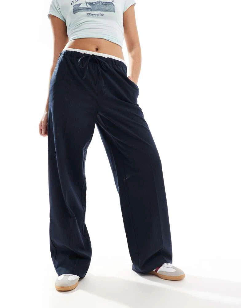 ONLY ONLY contrast waistband loose fit tailored trousers in navy pinstripe 2