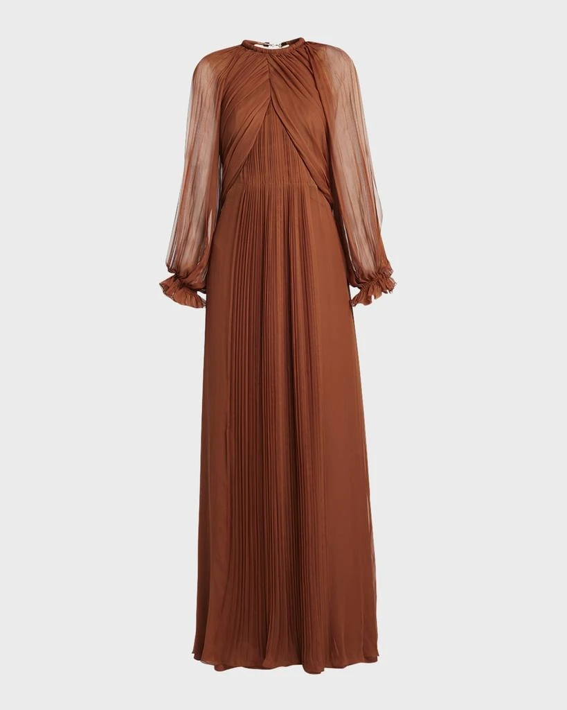 Alberta Ferretti Pleated Drape Long-Sleeve Organic Chiffon Gown 2