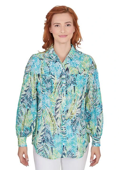 Ruby Rd Rd Womens Button Front Shirt Collar Mixed Foliage Printed Chiffon Eyelet Blouse With Embroidery 1