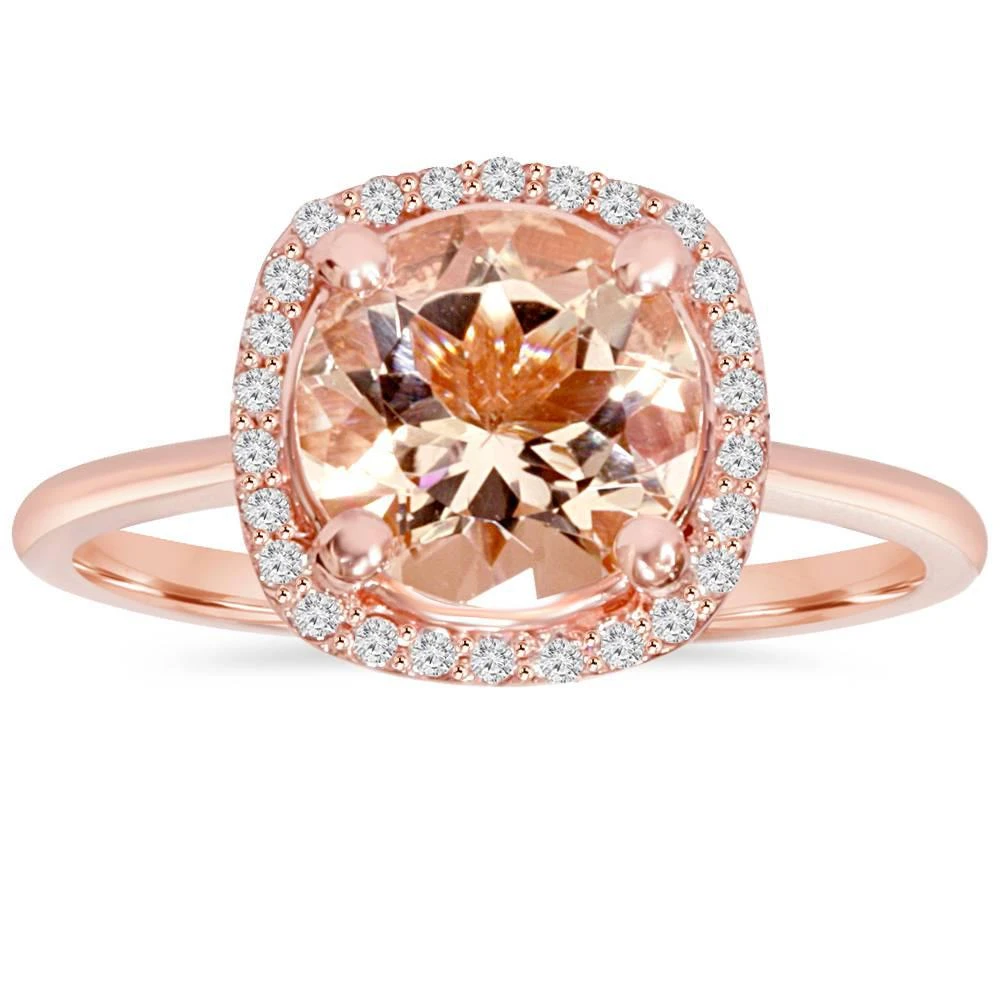 Pompeii3 1 3/4 CT Morganite & Diamond Cushion Halo 14K Rose Gold Ring 1
