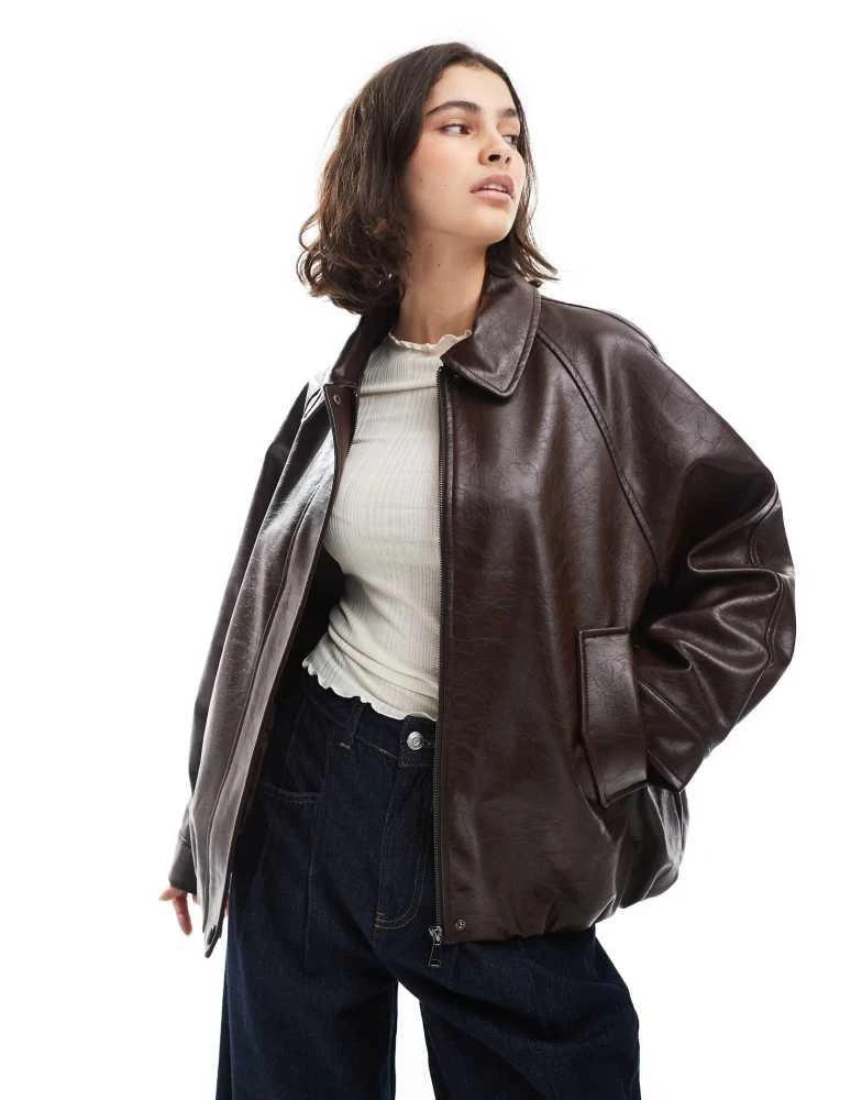 ASOS ASOS DESIGN leather look oversized bomber jacket in chocolate