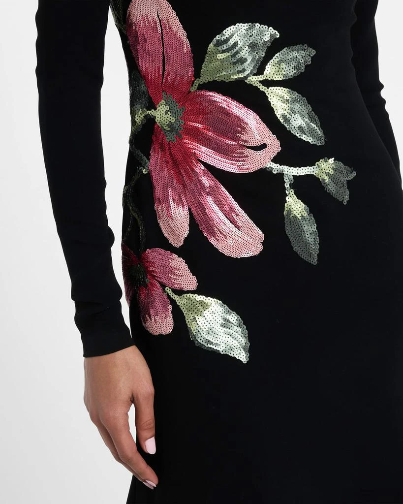 Naeem Khan Floral Beaded Crepe Long-Sleeve Trumpet Gown 5