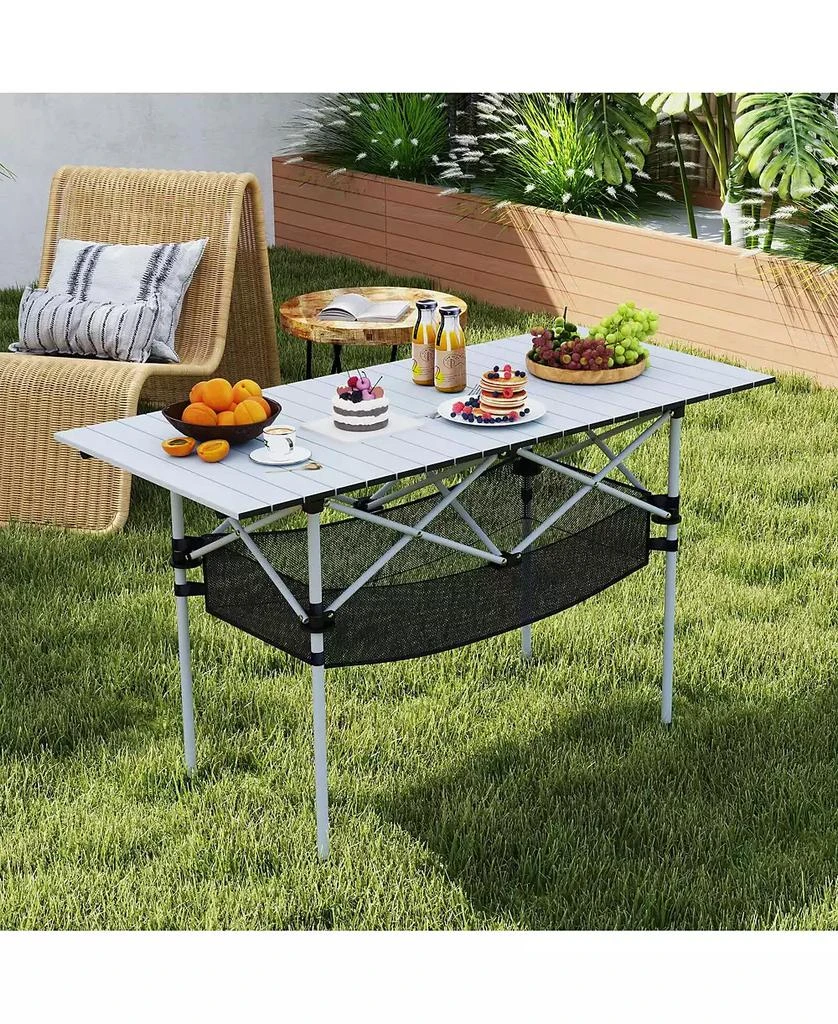 Costway Patio Folding Camping Table with Aluminum Roll-up Tabletop & Mesh Basket 3