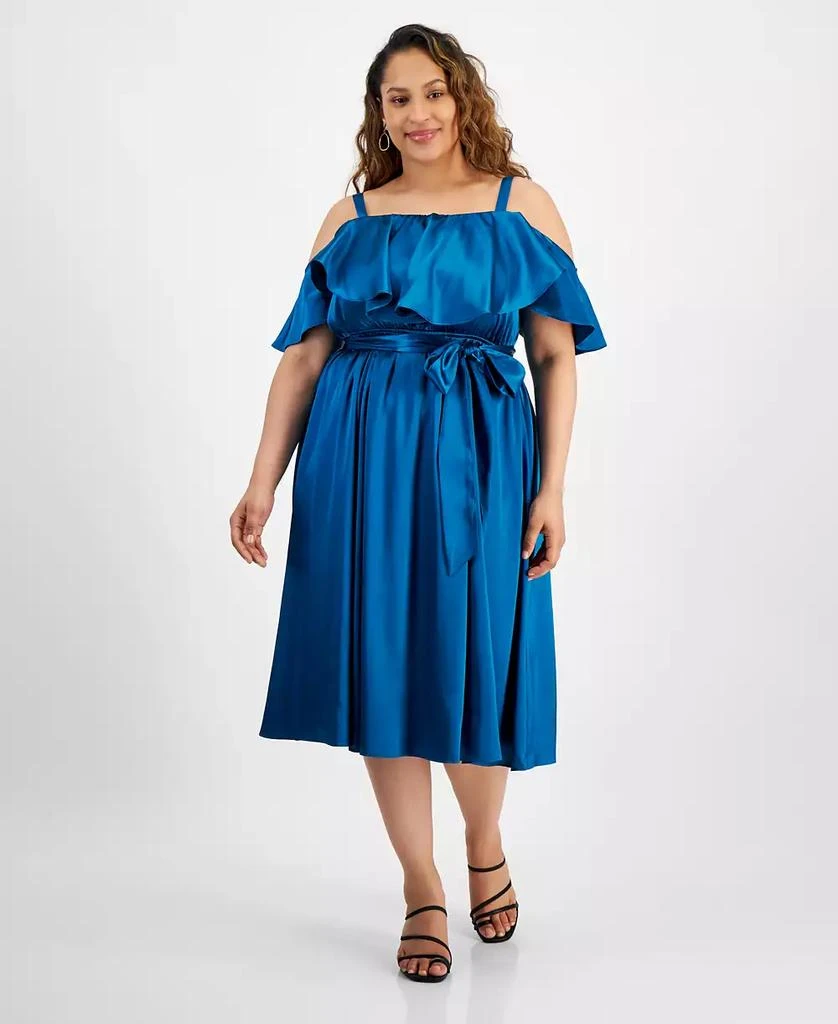 City Studios Plus Size Ruffled Square-Neck Cold-Shoulder Midi Dress 1