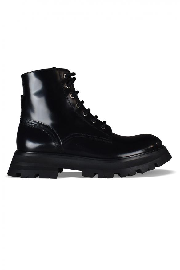 Alexander McQueen Women's luxury boots alexander mc queen black leather wander lace up ankle boots