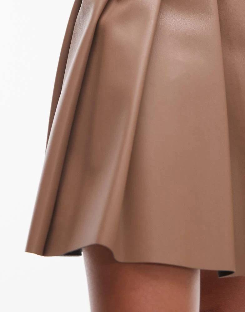 Topshop Topshop faux leather clean pleat mini skirt in coffee 3