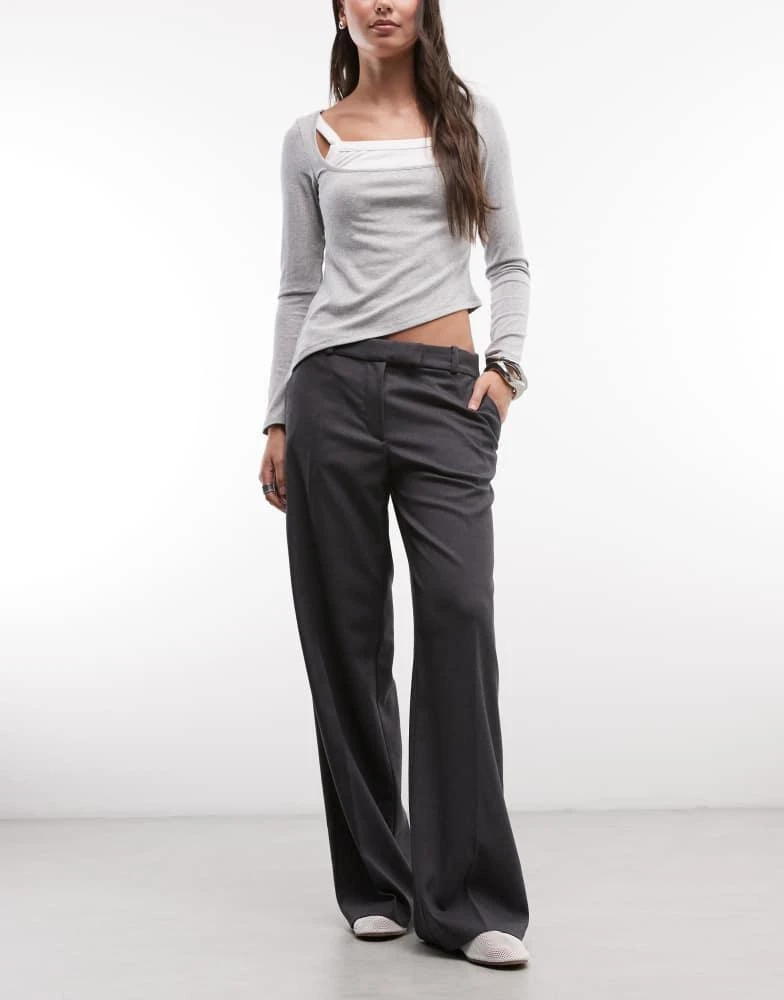 Monki Monki mid waist wide leg tailored trousers in dark grey