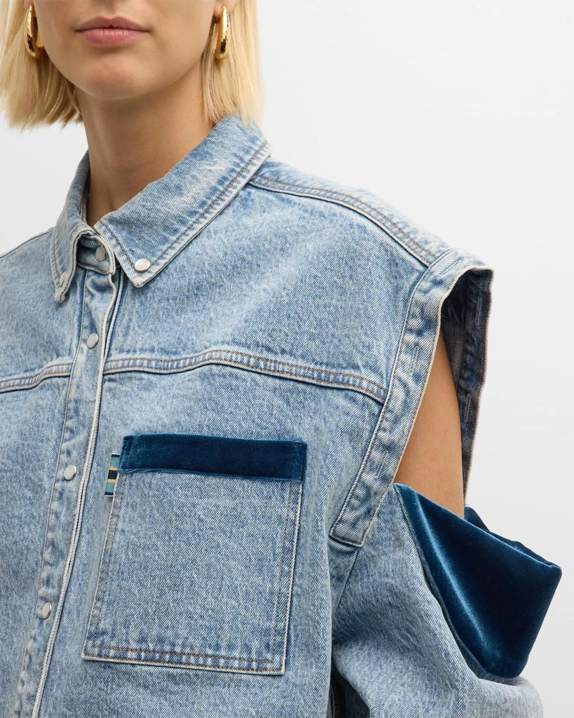 Hellessy Culter Velvet-Trim Cold-Shoulder Oversized Denim Shirt 4