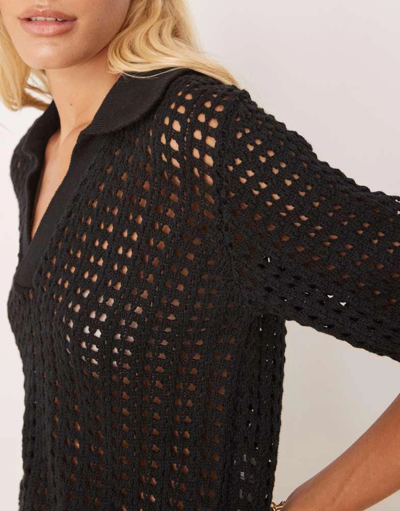Brave Soul Brave Soul Pointelle knit collared t-shirt in black 3