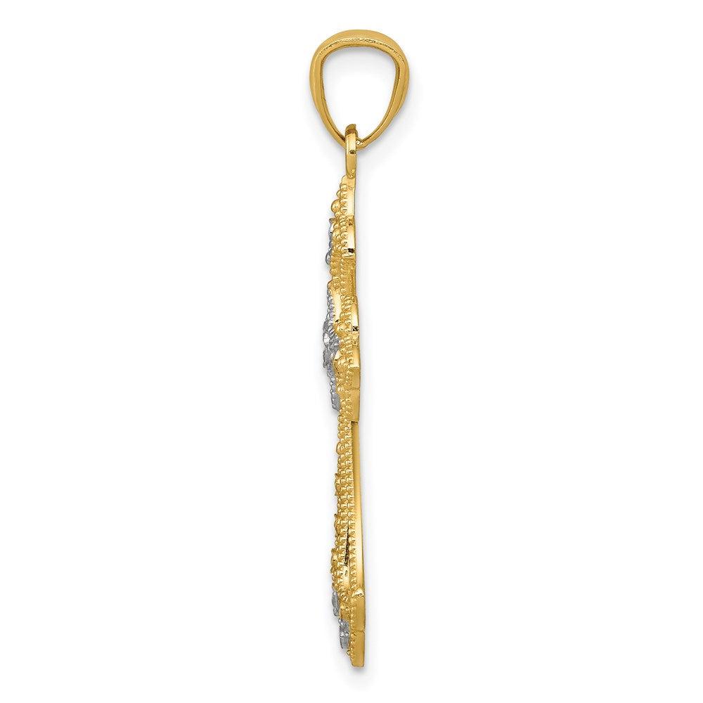 Diamond2Deal 14k Yellow Gold and White Rhodium Diamond-Cut Fleur de Lis Cross Pendant