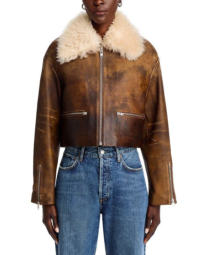Re/Done Distressed Leather & Shearling Aviator Jacket 7