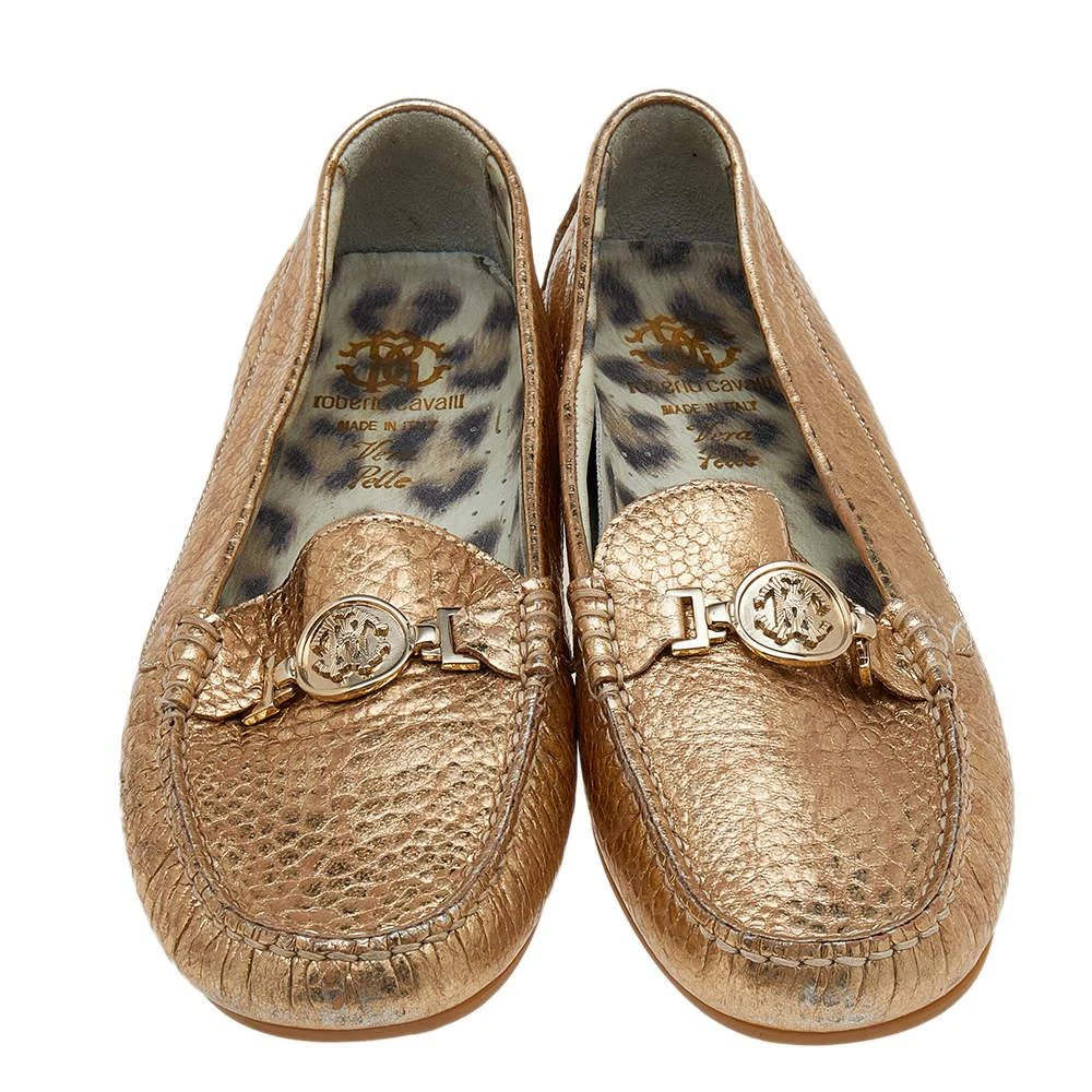 Roberto Cavalli Roberto Cavalli Metallic Gold Iridescent Effect Leather Embellished Slip On Loafers Size 39 3
