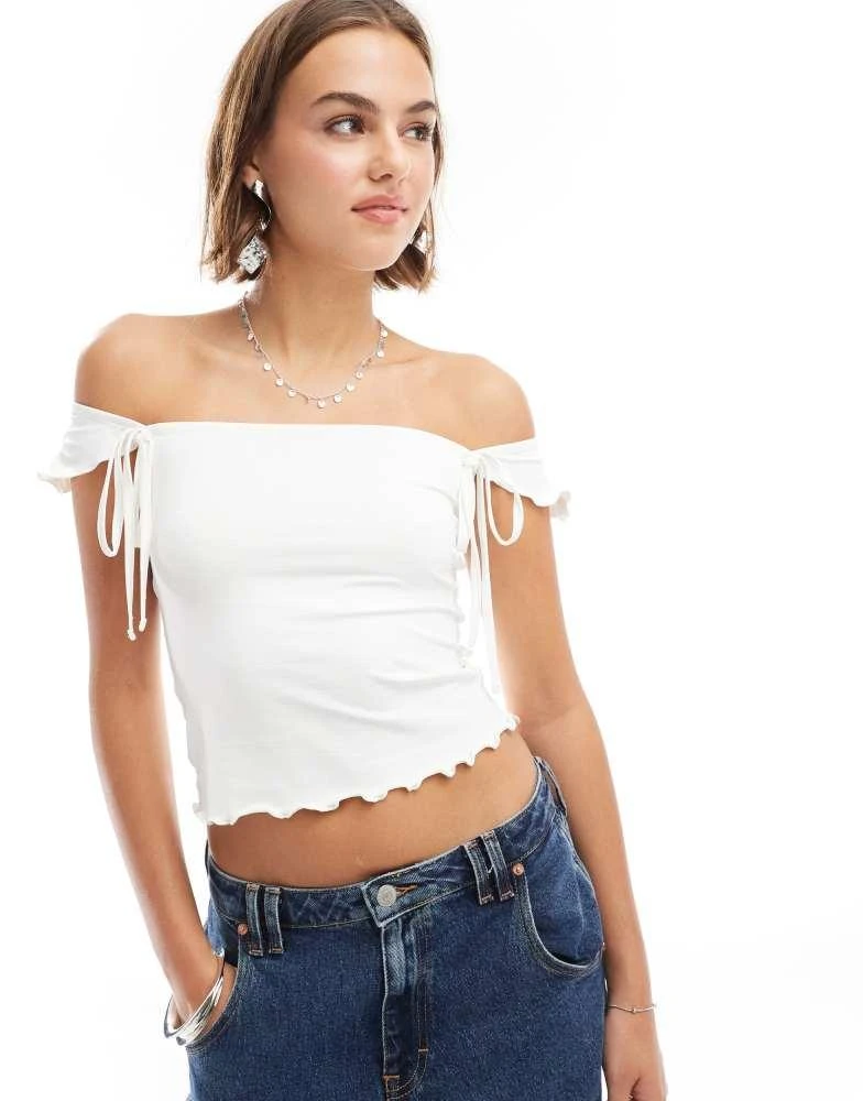 ASOS ASOS DESIGN lettuce hem bardot top with bow detail in white 1