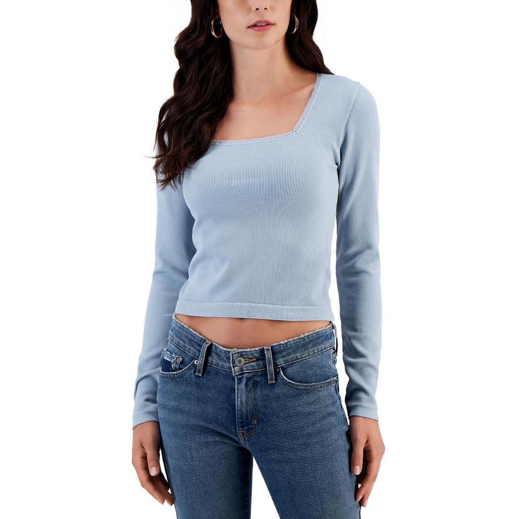 Derek Heart Juniors Womens Square Neck Lace Trim Pullover Top