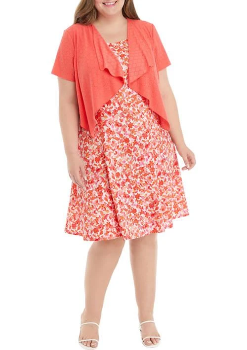 Perceptions Plus Size Short Sleeve Scoop Neck Floral Print A Line Jacket Dress 1