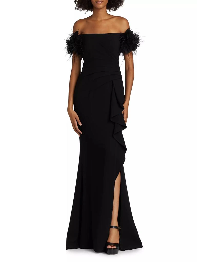 Teri Jon Feather-Embellished Crepe Off-The-Shoulder Gown 3