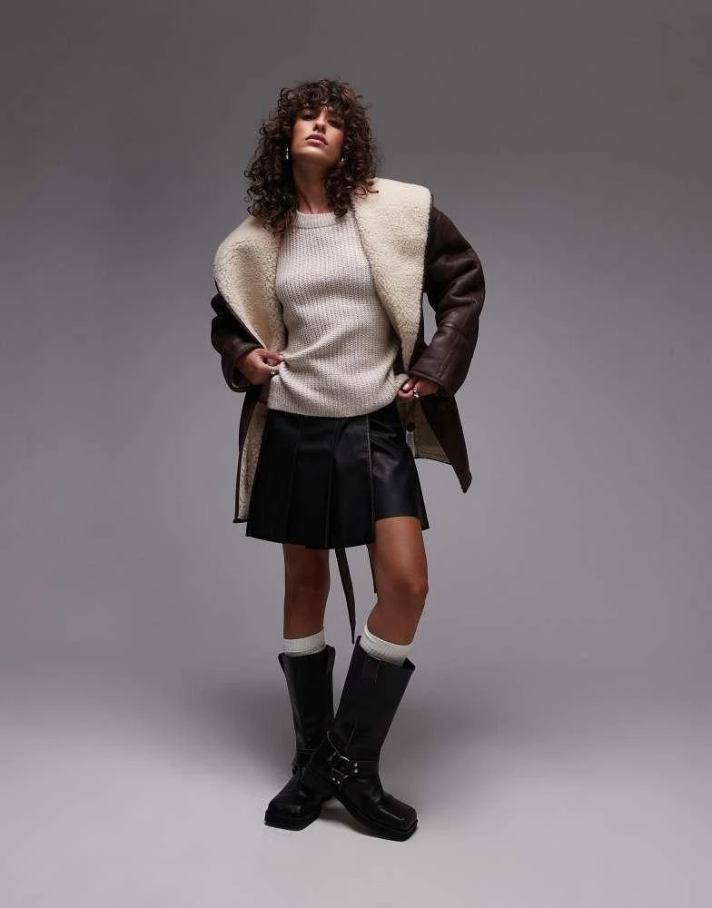 Topshop Topshop belted faux suede jacket in brown and cream 4