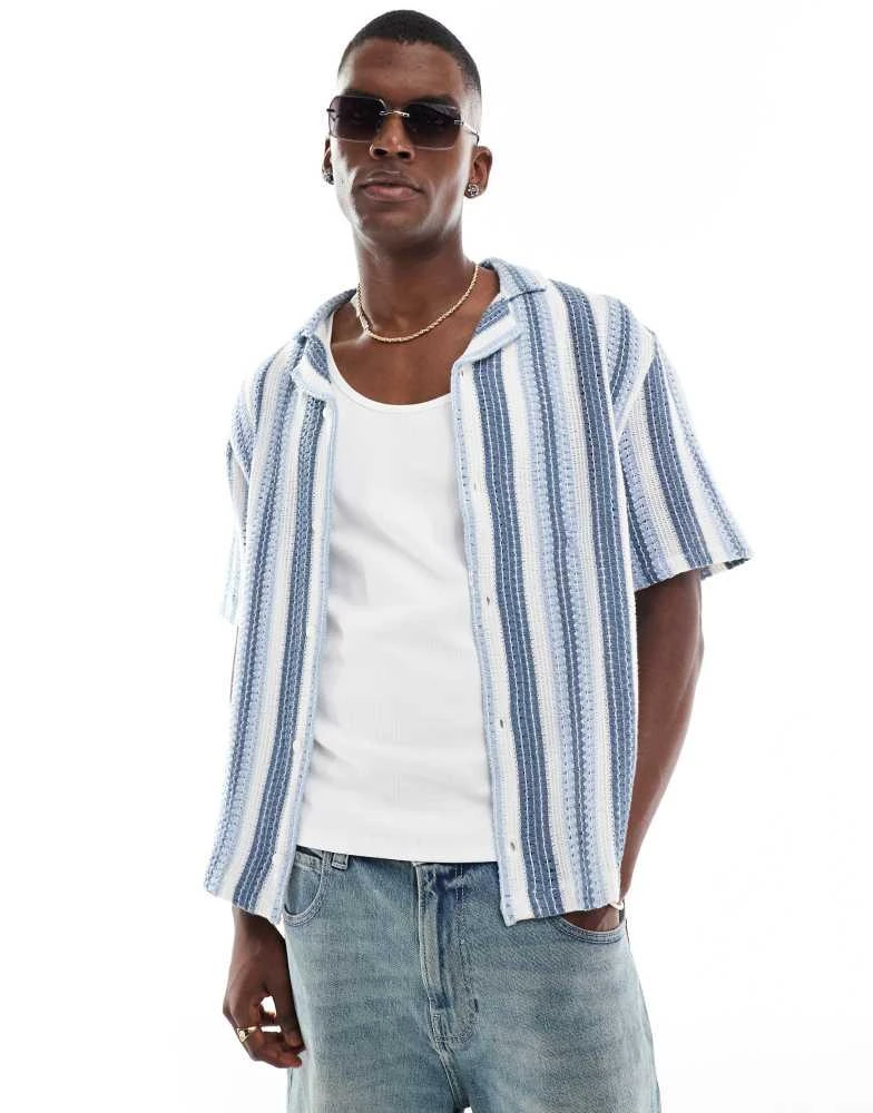 HOLLISTER Hollister short sleeve crochet contrast stripe shirt in blue stripe 1