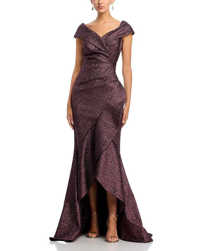 knee length dresses for ladies Adrianna Papell Womens Metallic Mesh Bishop-Sleeve Gown main image 1