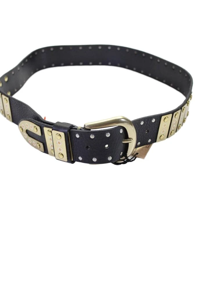 Womens Black Leather Gold Tone Studded Floral Belt – On Sale  display picture 3