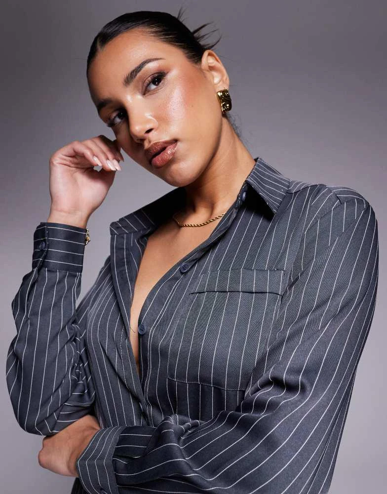 In The Style In The Style x Natalya Wright exclusive tailored pleated mini shirt dress in charcoal pinstripe 2