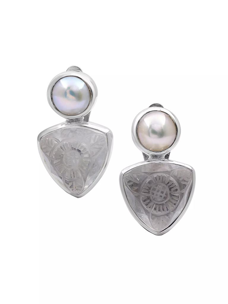 Stephen Dweck Carventurous Silver Pearl Hand-Carved Natural Quartz & Mother-Of-Pearl Clip Earrings