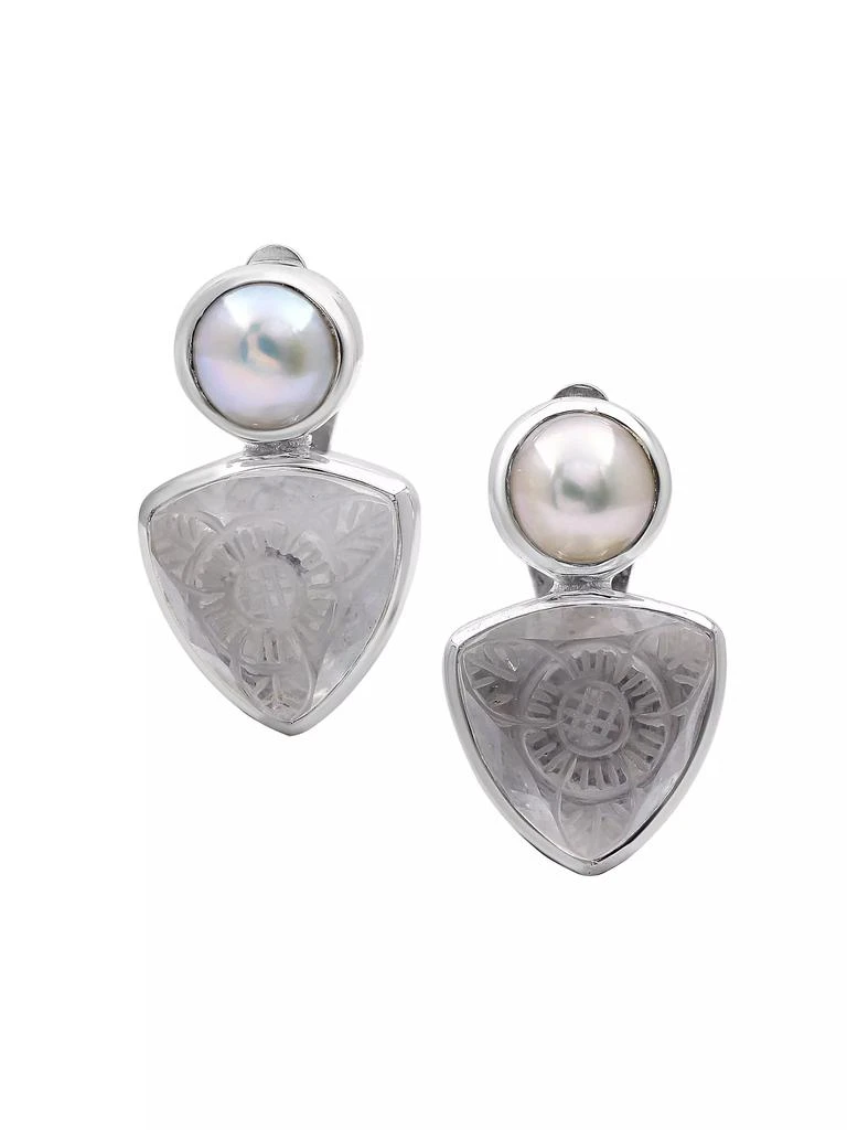 Stephen Dweck Carventurous Silver Pearl Hand-Carved Natural Quartz & Mother-Of-Pearl Clip Earrings 1