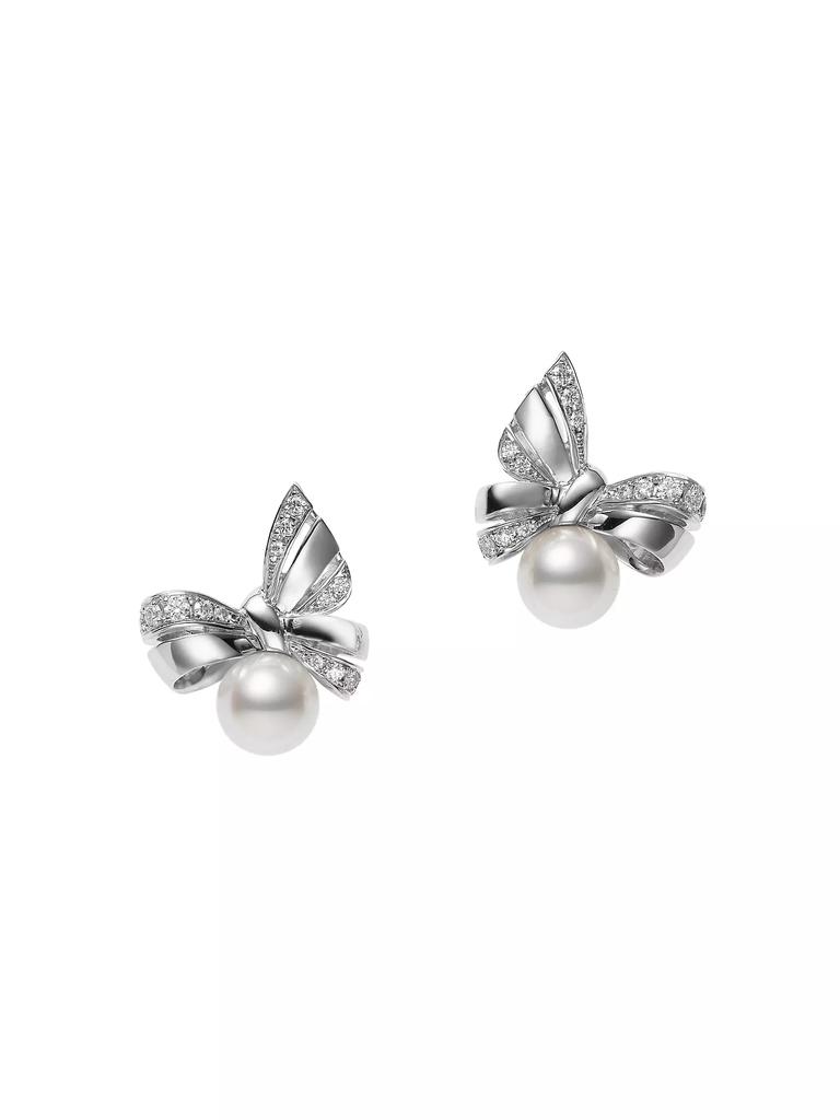 Mikimoto Jeux de Rubans 18K White Gold, 7.5MM White Cultured Akoya Pearl & Diamond Ribbon Earrings