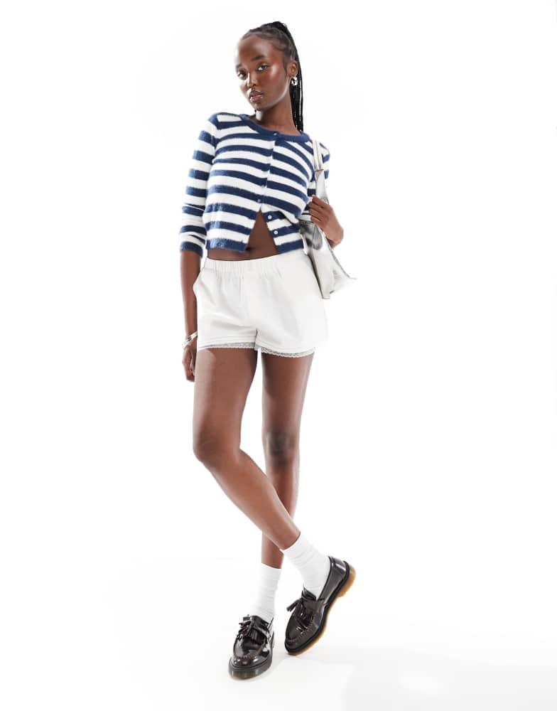 Daisy Street Daisy Street fluffy knit micro cardigan in white navy stripe