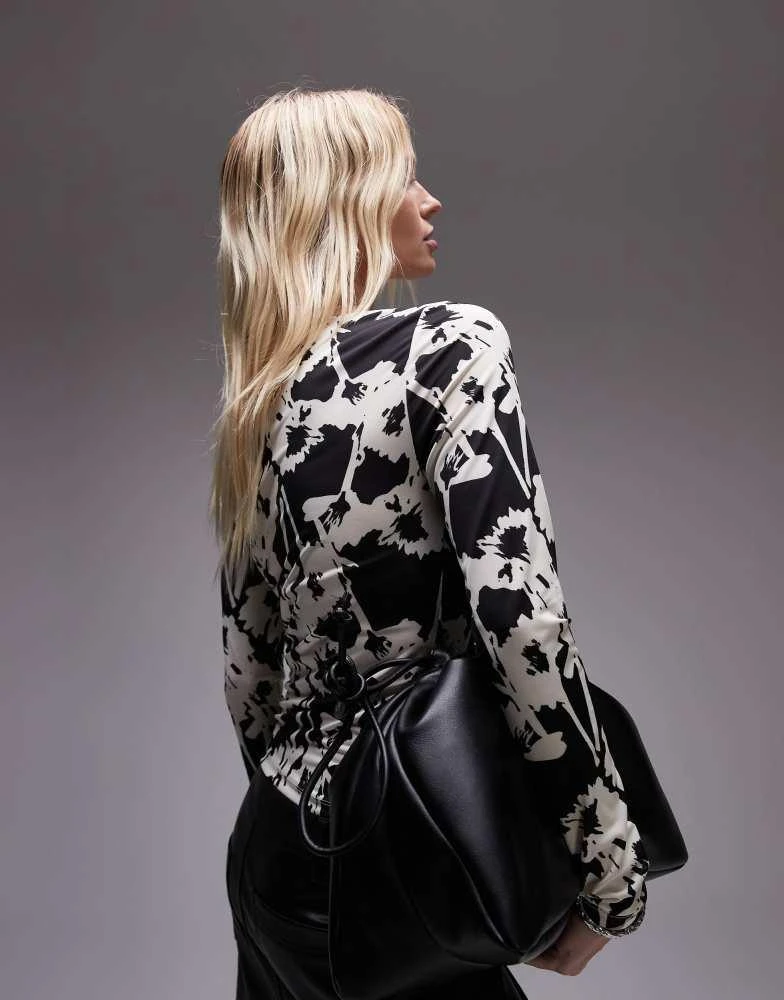 Topshop Topshop microfibre abstract all over floral long sleeve top in mono 4
