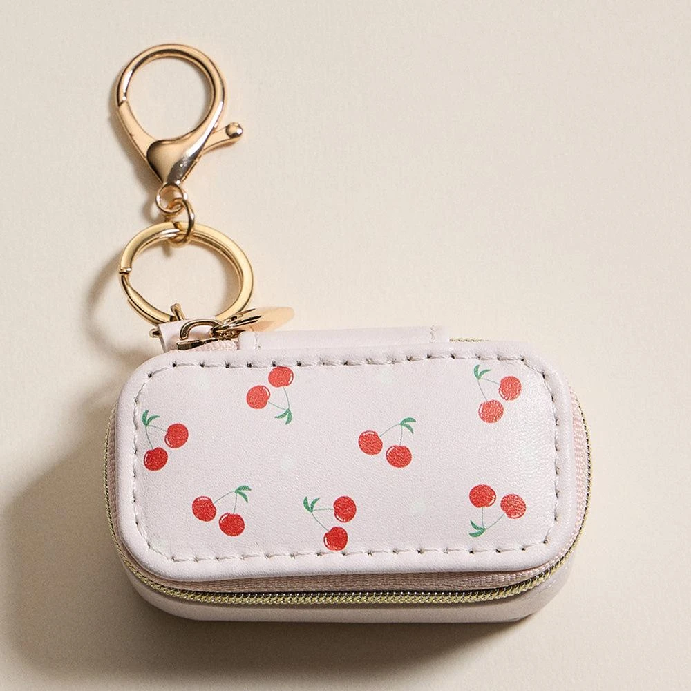 FASHNZFAB Cherry Pattern Printed Rectangular Travel Jewelry Case Keychain Bag Charm