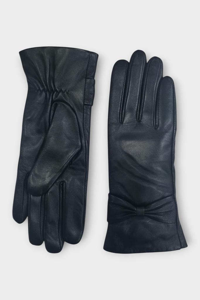 Infinity Leather Womens Black Italian Leather Soft Wool Lining Winter Bow Design Driving Gloves