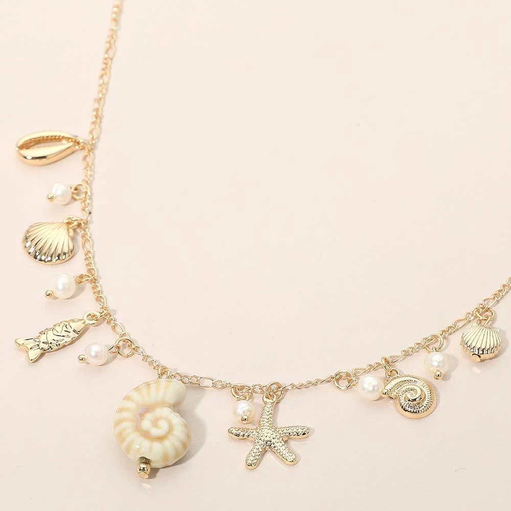 FASHNZFAB Shell Starfish Fish Pearl Charm Station Necklace