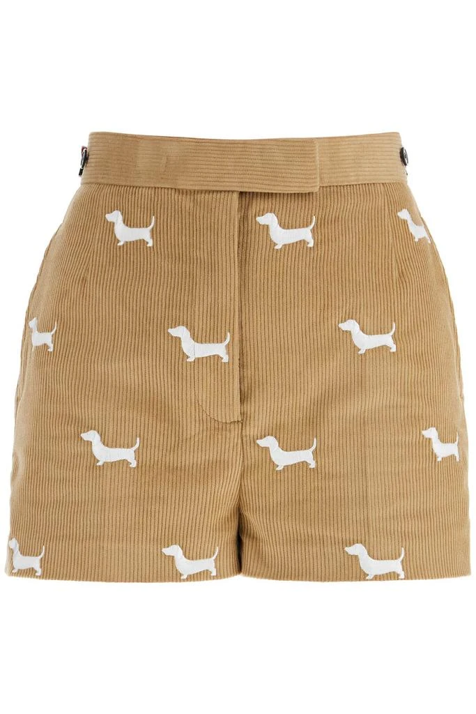 Thom Browne khaki corduroy shorts with white dog pattern 1