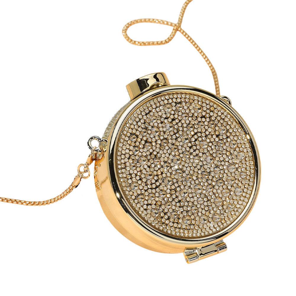 FASHNZFAB Bling Studded Round Compact Clutch Evening Bag / Crossbody Bag