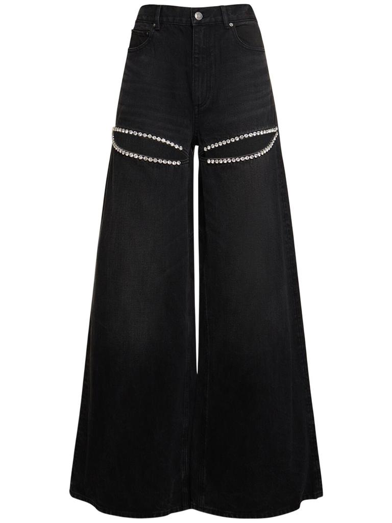 AREA Embellished Wide Leg Jeans W/slit