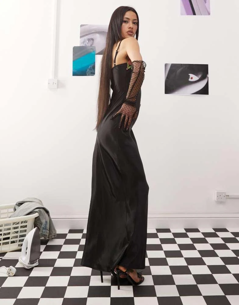 Princess Polly Princess Polly floral embroidered cami satin maxi slip dress in black 4