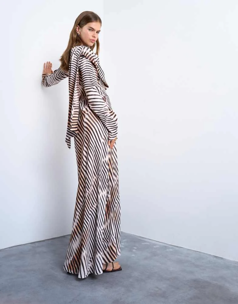 Topshop long sleeve ruffle maxi dress with scarf wrap detail in abstract stripe-Multi Topshop long sleeve ruffle maxi dress with scarf wrap detail in abstract stripe-Multi
