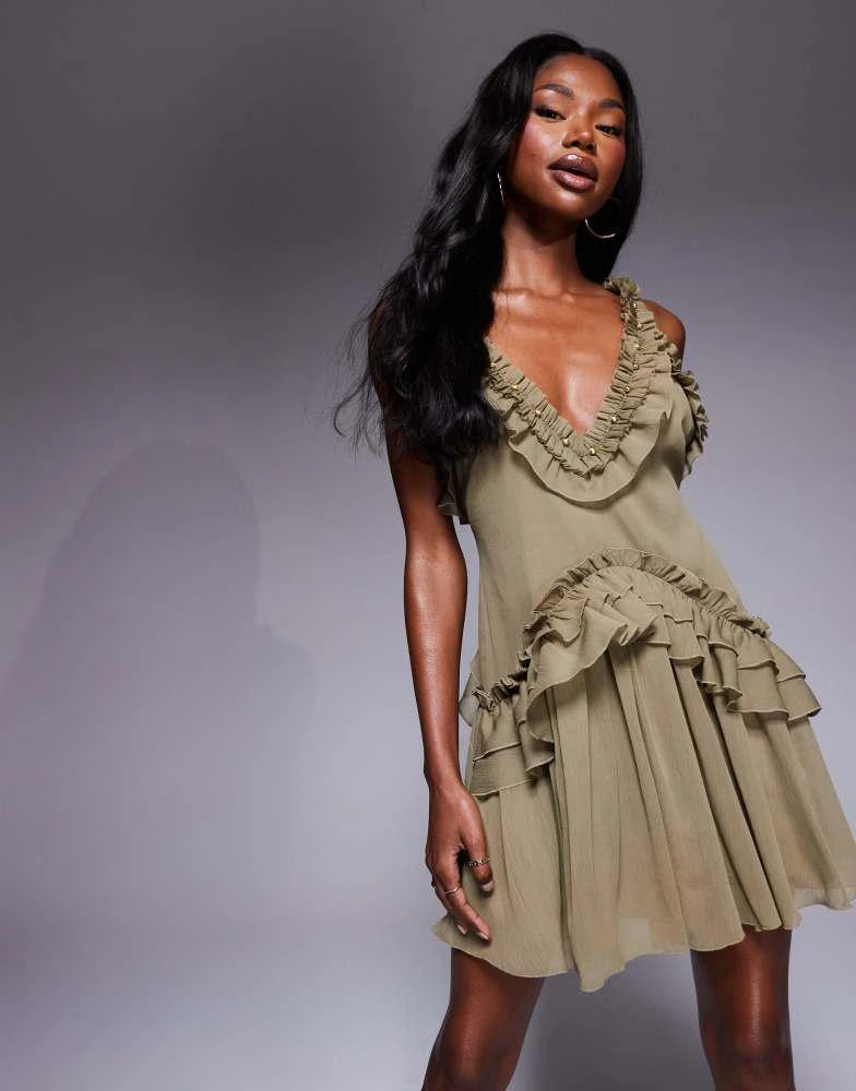 ASOS Design ruffle strap detail mini dress with gold trim in khaki-Green