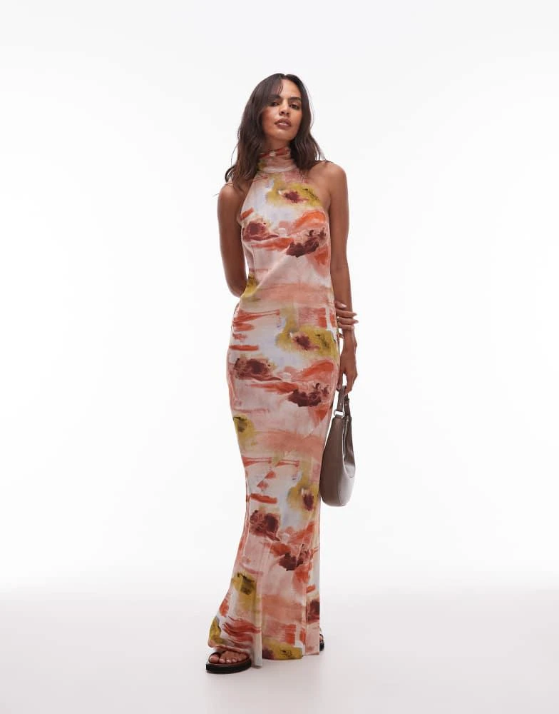 Topshop full neck halter midi dress in bold abstract floral-Multi