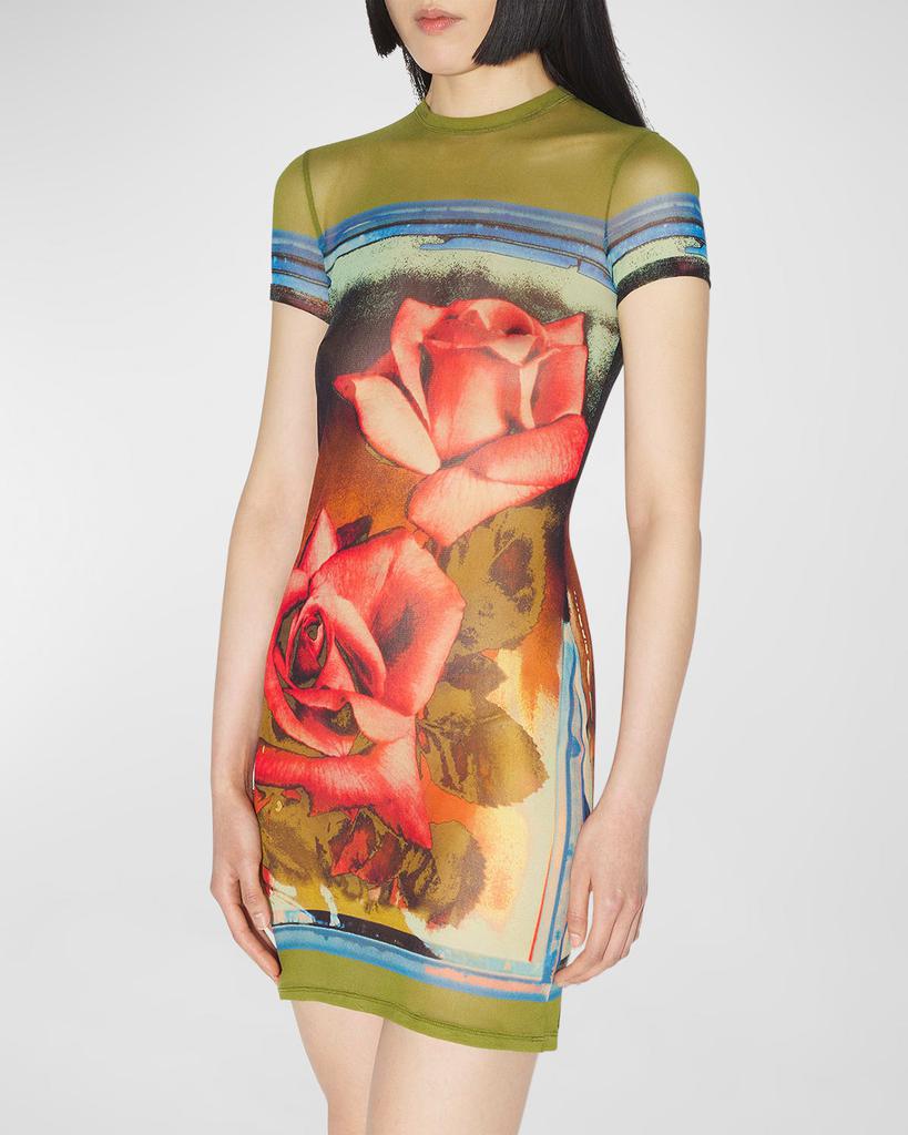 Jean Paul Gaultier Roses-Print Short-Sleeve Mesh Mini Dress