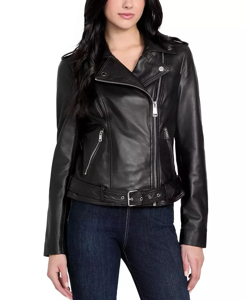 GUESS Women's Asymmetric Belted Leather Moto Jacket 1