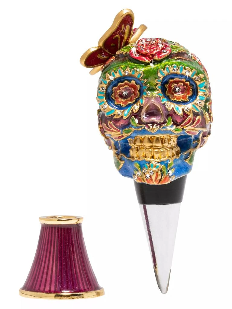 Jay Strongwater Calavera 2-Piece Skull 14K Yellow Goldplated Stainless Steel &amp; Swarovski Crystal Winestopper &amp; Stand Set 1