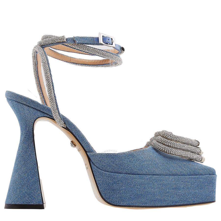 Mach & Mach Denim Blue Crystal Triple Heart Platform Pumps