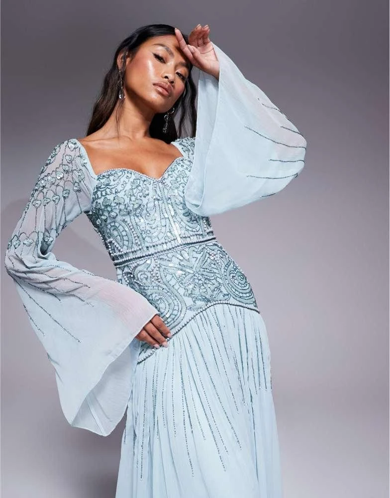 ASOS ASOS DESIGN fluted sleeve maxi dress with placement embellishment in  aqua blue - Dresses & Skirts - Free Shipping - BeyondStyle