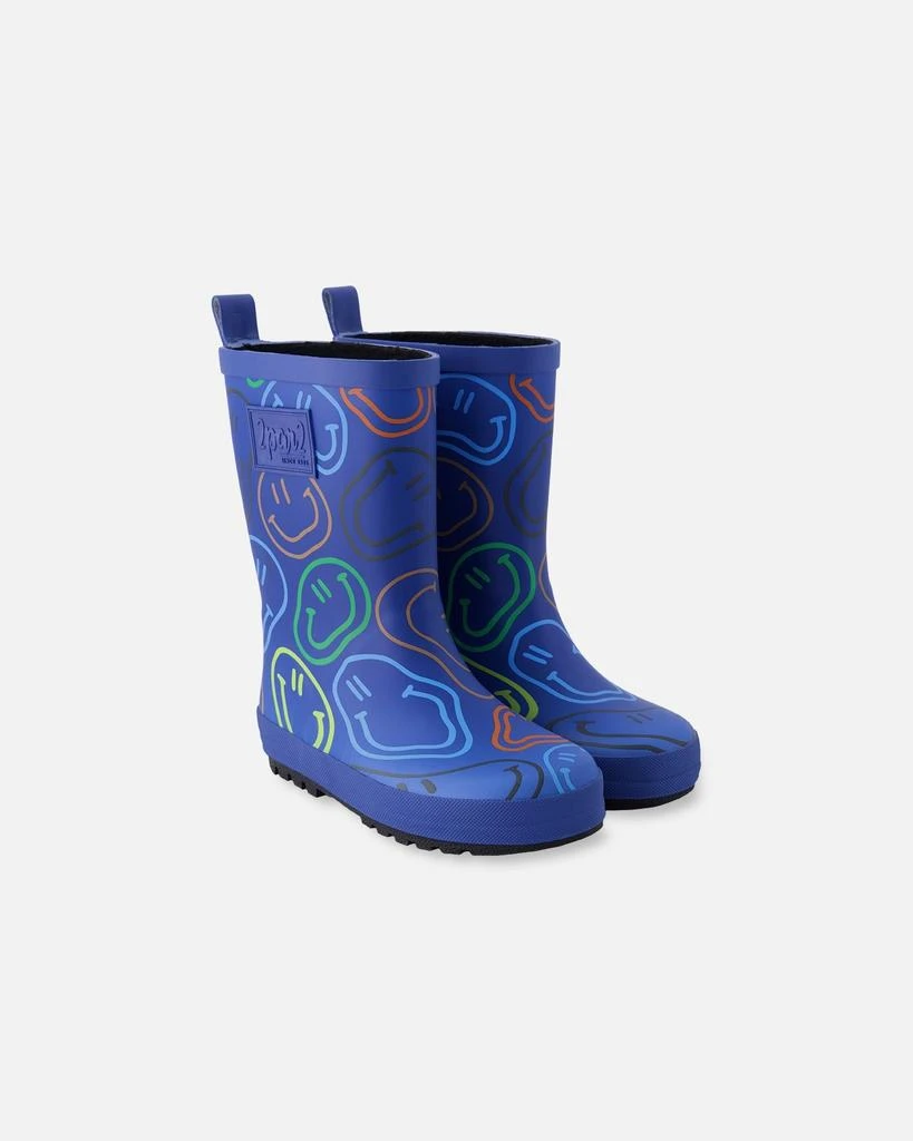 Deux par Deux Rain Boots in Natural Rubber Blue Smiley Print