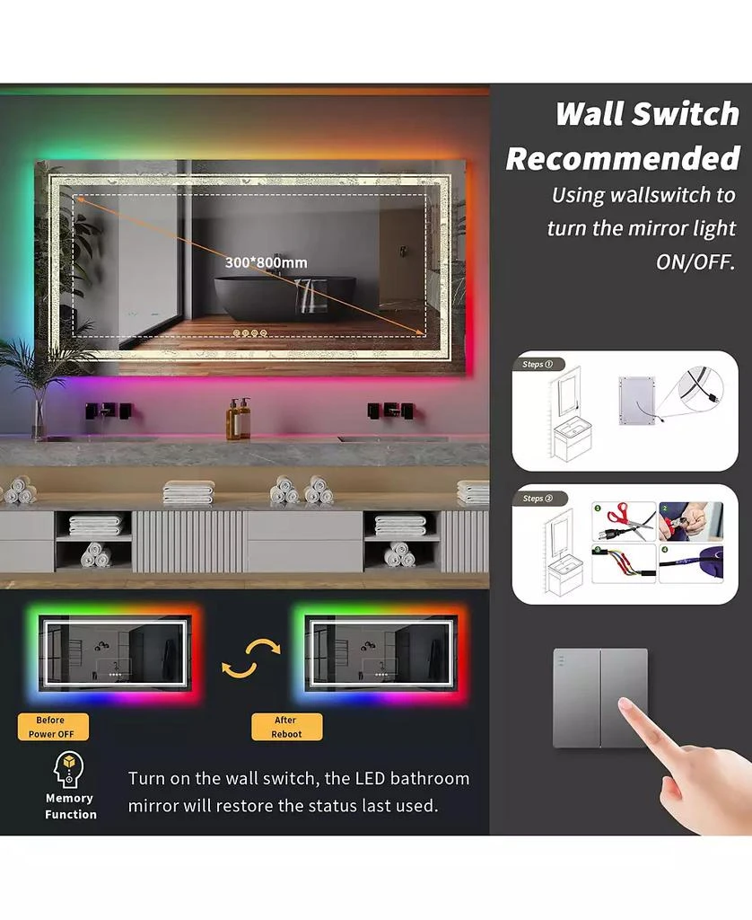 LUVODI 23.6x31.5 in LED  Bathroom Wall Mirror RGB Touch Anti Fog Multicolor Dimmable 7