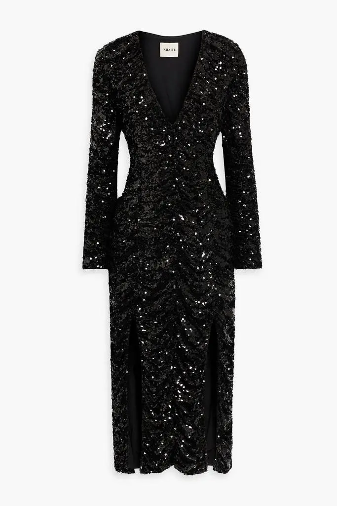 Khaite Lana ruched sequined knitted midi dress