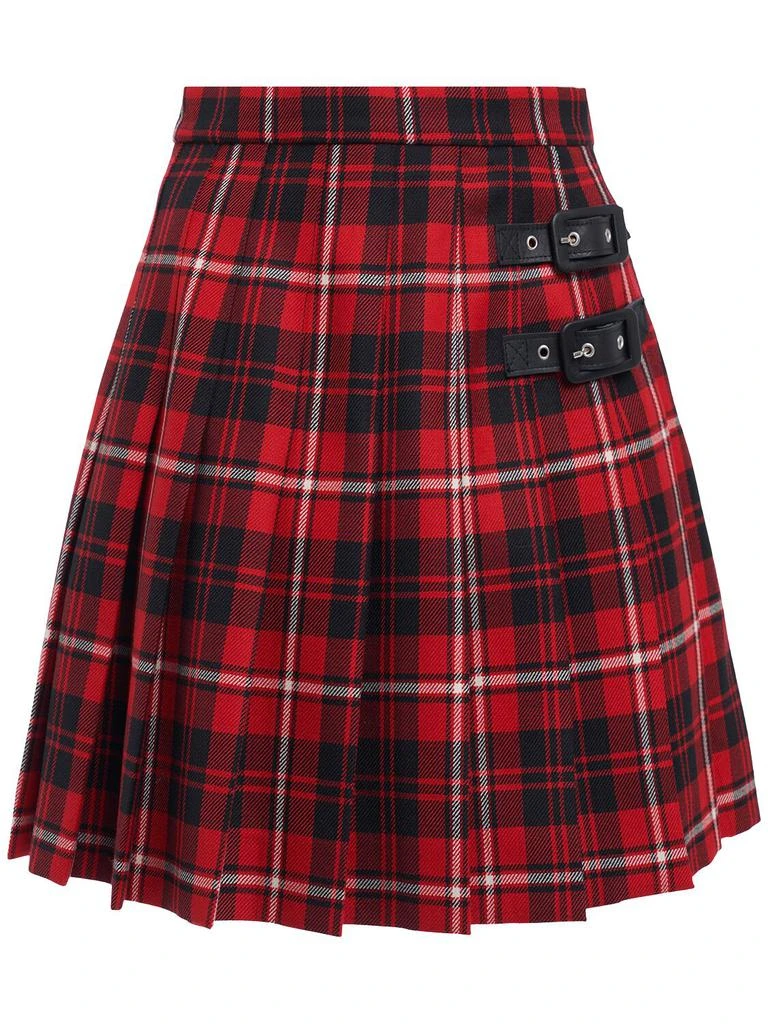 Alessandra Rich Pleated Wool Tartan Mini Skirt W/buckles 1
